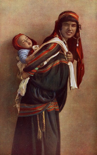 Bedouin mother with her child on her shoulders by Unknown